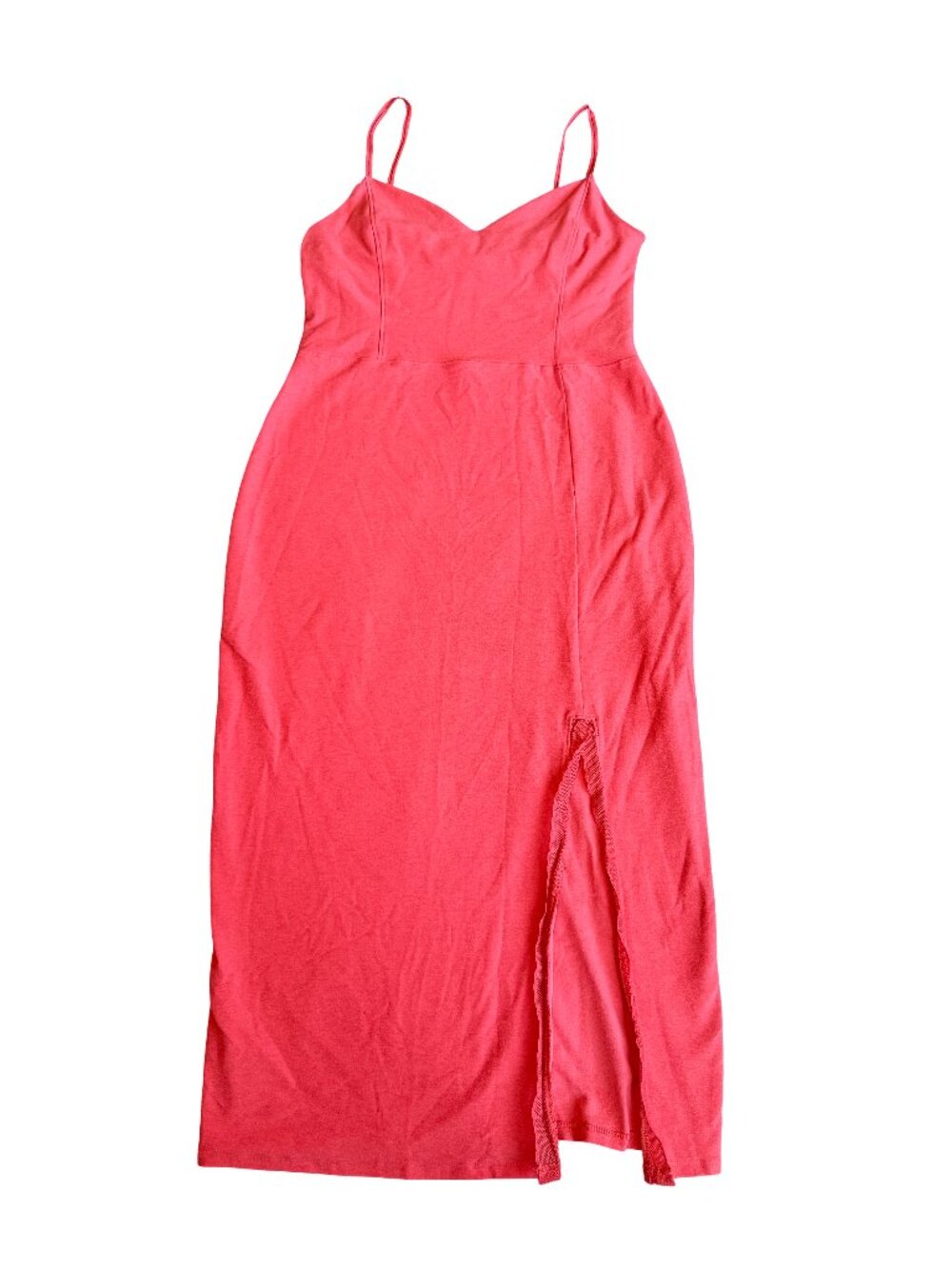 Beyond Yoga Bold Coral Midi Dress Stretchy Slimming Slit Casual Size Medium